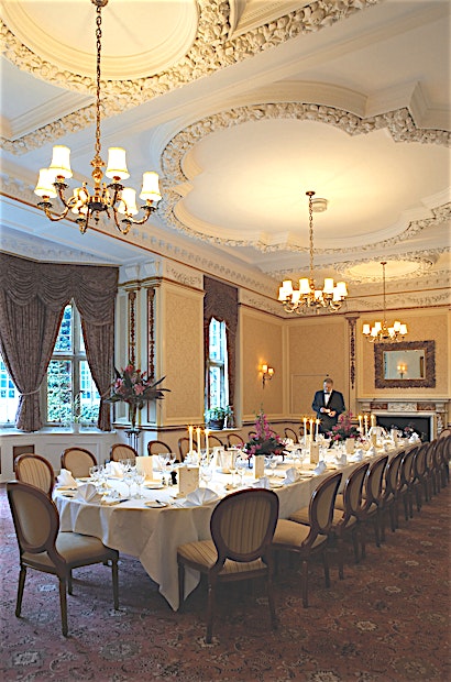 Mattingley Suite **The Mattingley Suite is a beautiful panelled private dining room in the mansion house with views overlooking the front courtyard and fountain.**
It can seat up to 32 Guests on one oval table or
