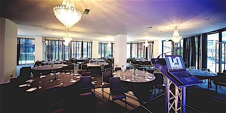 Canalside **Canalside at Marco Pierre White at The Cube is a stunning dining room hire in Birmingham.**
Surrounded by floor to ceiling glass, the sliding doors open the perimeter of the room onto Birmingham’